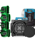 Badass Medium Air Mover And Pro Carpet Dryer Featuring Built In Timer With Outlet Sockets For Rapid Flood Cleanup And Crawl Space Moisture Removal Real Deal Utility Floor Blower - Four green air movers and a blue utility blower.