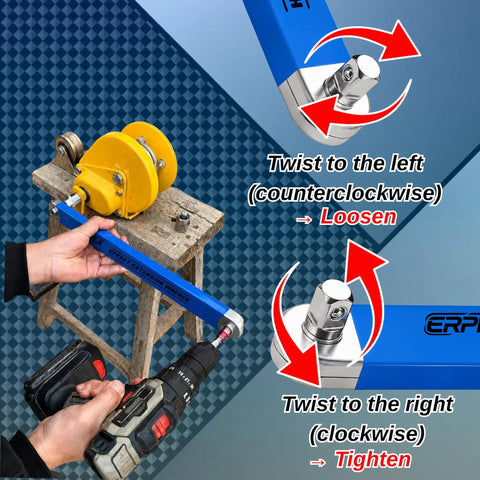 Offset Extension Wrench Set With Chain Driven Ratchet, 15.4 Inch Reach, alloy steel, shown loosening and tightening a pulley with a drill
