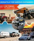 Collage showcasing All In One Tri Ball Trailer Hitch With Chrome Plated Finish 1 7 8 Inch Ball 2 Inch Ball And 2 5 16 Inch Ball 10000 Lbs GTW Rust Resistant 2 Inch Receiver Hitch Tow Hook For Off Road Recovery Pin And Clip Included Ideal For Trucks And SUVs in various towing scenarios.