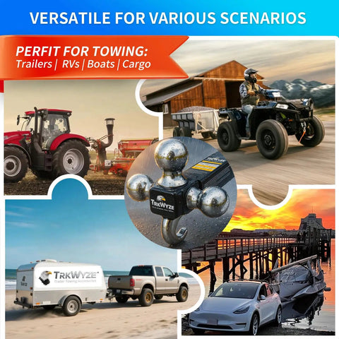 Collage showcasing All In One Tri Ball Trailer Hitch With Chrome Plated Finish 1 7 8 Inch Ball 2 Inch Ball And 2 5 16 Inch Ball 10000 Lbs GTW Rust Resistant 2 Inch Receiver Hitch Tow Hook For Off Road Recovery Pin And Clip Included Ideal For Trucks And SUVs in various towing scenarios.
