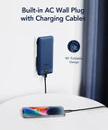All In One Portable Charger With Built In AC Plug And Cables, 10000mAh Ultra Slim Power Bank For Travel, charging a phone, Navy