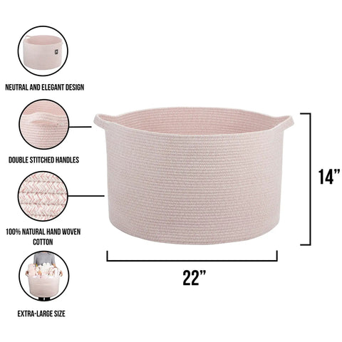Light Pink Storage Basket For Nursery And Home Use Kiddo Friendly Toy Bin And Laundry Organizer 22x14 Inch showing dimensions
