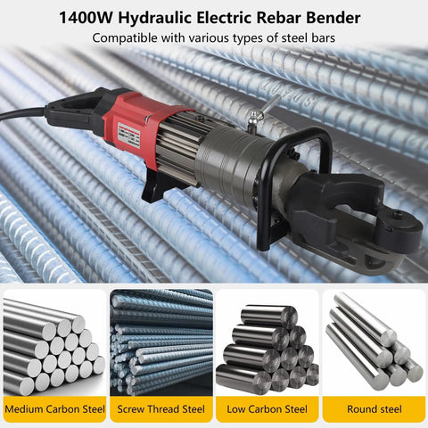 Heavy Duty Electric Rebar Bender 1400W Hydraulic Steel Bar Bending Machine For #14 To 22 Mm Bars with various steel types.