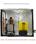 Beefy Size 3D Printer Enclosure with dual side opening and thermal insulation, showing interior setup with two 3D printers.