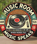 Retro 8in round aluminum wall sign, front view featuring vintage turntable graphic and Music Room theme
