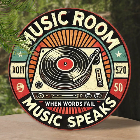 Retro 8in round aluminum wall sign, front view featuring vintage turntable graphic and Music Room theme