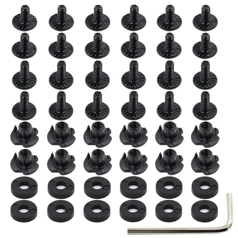 Hardcore Black Eight Thirty Two Gun Holster Screws And Rock Solid T Nuts Fastener Kit With Hex Driver For Kydex Plates And Leather Sheath No Fuss Install, consisting of black screws and T nuts.