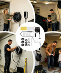 Universal EV Charger Retractable Cord Reel Keeps Your Garage Cables Fly And Secure While Delivering Smooth Wall Mount Retraction For Absolute Zero Hassle And Hella Convenient Charging in garage with people using charger.