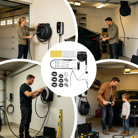 Universal EV Charger Retractable Cord Reel Keeps Your Garage Cables Fly And Secure While Delivering Smooth Wall Mount Retraction For Absolute Zero Hassle And Hella Convenient Charging in garage with people using charger.
