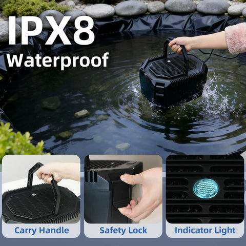 All In One Pond Filtration Kit With 18W UV Light And 660 GPH High Flow Pump showing IPX8 waterproof feature in pond