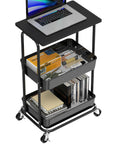 Two Tier Rolling Utility Cart With Wood Top And Lockable Wheels Metal Storage Trolley With Mesh Baskets, holding books and laptop.