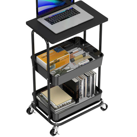 Two Tier Rolling Utility Cart With Wood Top And Lockable Wheels Metal Storage Trolley With Mesh Baskets, holding books and laptop.
