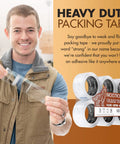 Man holding a strip of Industrial Grade Heavy Duty Clear Packing Tape Pack 6 Rolls Each 110 Yards 3 Inch Wide 2.0 Mil Thick BOPP Adhesive