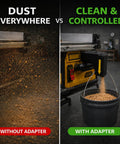 No Sweat Snap On Table Saw Dust Collector Adapter With Dual Hook Bucket Mount industrial adapter shown in use capturing sawdust.