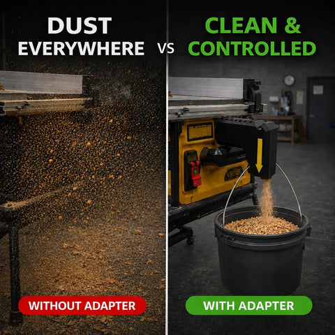 No Sweat Snap On Table Saw Dust Collector Adapter With Dual Hook Bucket Mount industrial adapter shown in use capturing sawdust.