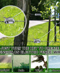 12 Pack Aluminum Electric Fence Wire Strainers And Tensioners in use on farm fencing, shown with weather icons for sunlight, rain, wind, snow.