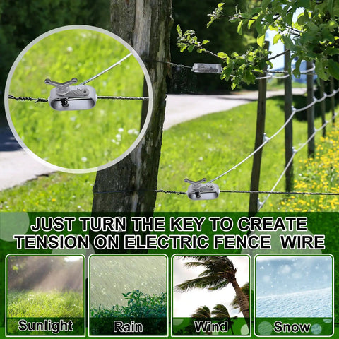 12 Pack Aluminum Electric Fence Wire Strainers And Tensioners in use on farm fencing, shown with weather icons for sunlight, rain, wind, snow.