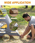 Man securing tent with 8 Inch Rebar Garden Stakes Tough As Nails Ten Pack U Hook Metal Stakes Rust Proof Electrostatic Finish