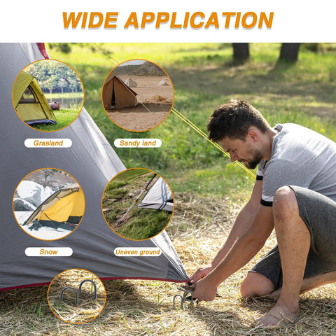 Man securing tent with 8 Inch Rebar Garden Stakes Tough As Nails Ten Pack U Hook Metal Stakes Rust Proof Electrostatic Finish