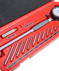 Front view of 2–6 in bore gauge set with dial indicator and stainless steel rods in red plastic case