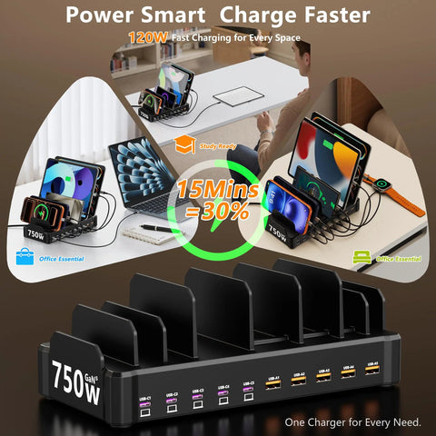 10 Port USB-C Desktop Charging Station With 750W Total Output, 5 USB-C 120W Each And 5 USB-A 30W Each, Fast Charge Hub, Black