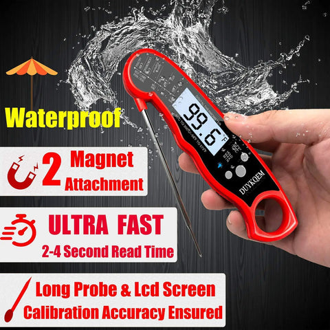 Instant Read Digital Meat Thermometer 2 Pack waterproof kitchen probe with backlight and easy calibration held showing 99.6°F