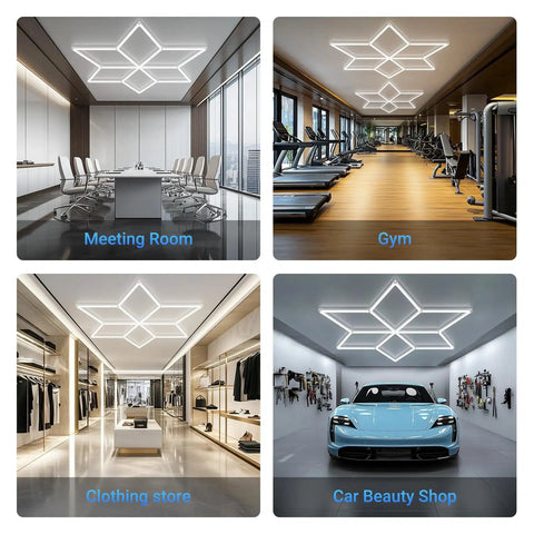 Hexagon LED Garage Light With Diamond Grid 710W 78100LM Mega Bright Ceiling Fixture in various spaces like gym and car shop