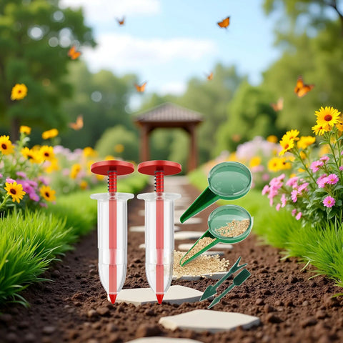 Six Piece Mini Seed Spreaders Set For Lawn And Garden, Handheld Seed Planter Tool Kit For Tiny Seeds in garden setting