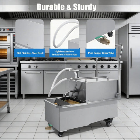 Straight Heavy Duty Commercial Mobile Fryer Filter Machine With 14 Gallon Tank And Smooth 550 Watt Pump, 201 stainless steel build in kitchen.