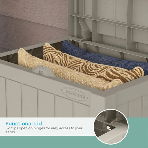 Outdoor Storage Box 22 Gallon Light Taupe Resin Deck Box With Built In Seat Weatherproof Patio Storage Bin With Cushions Inside