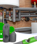 Multi Size Pipe Insulation Cutting Guide Kit With Molded Foam Cutter Tool Set For 15mm To 53mm Insulation Diameters Perfect For Home Industrial And Commercial Plumbing Jobs Includes Bonus 59 Inch Tape Measure Green with pipes in background