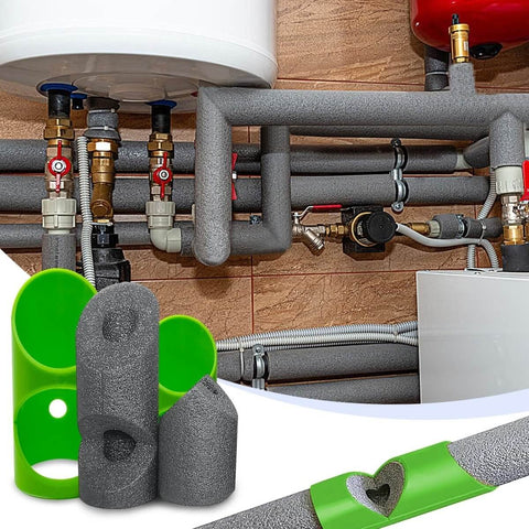 Multi Size Pipe Insulation Cutting Guide Kit With Molded Foam Cutter Tool Set For 15mm To 53mm Insulation Diameters Perfect For Home Industrial And Commercial Plumbing Jobs Includes Bonus 59 Inch Tape Measure Green with pipes in background