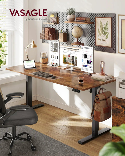VASAGLE Electric Standing Desk, Height Adjustable Office Table With Memory Presets, Sit Stand Workstation For Home Office, showing walnut finish, 63 by 27.6 inch size.