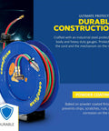 Retractable Welding Hose Reel With Twin Oxygen And Acetylene Rubber Hoses Heavy Duty Steel Arm Three Hundred PSI Rating Quarter Inch By Fifty Foot Industrial Standard Duty displayed with durable steel construction.