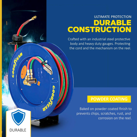 Retractable Welding Hose Reel With Twin Oxygen And Acetylene Rubber Hoses Heavy Duty Steel Arm Three Hundred PSI Rating Quarter Inch By Fifty Foot Industrial Standard Duty displayed with durable steel construction.