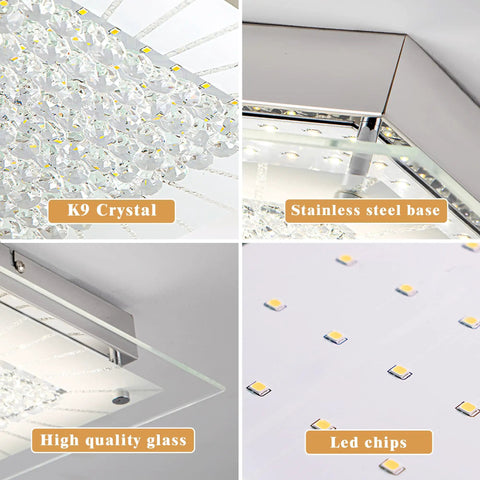 26 Inch LED Crystal Flush Mount Ceiling Light Fixture, Dimmable 4000K, detailed views of K9 crystal, stainless steel base, and LED chips