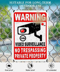 Private Property No Trespassing Sign Bundle Of Rustproof Aluminum With Reflective Film For Night Visibility 24 Hour Video Surveillance Signs Ten By Seven Inch Security Signs For Homes And Businesses 4 Pack displayed on a fence