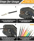 Steps for using 2 Pin DT Waterproof Connector Kit, Crimping Tool process shown with wires and terminals