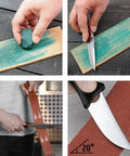 Knife Sharpening Stone Set With 4 Sides Grit 400 1000 And 3000 8000 Water Stones in use with leather strop and honing guide.
