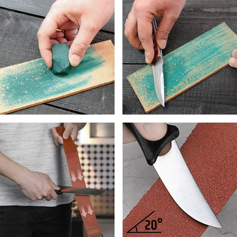 Knife Sharpening Stone Set With 4 Sides Grit 400 1000 And 3000 8000 Water Stones in use with leather strop and honing guide.