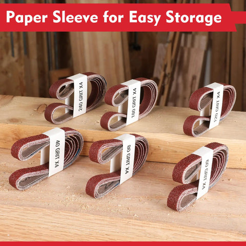 24 Pack Half Inch By Eighteen Inch Aluminum Oxide Sanding Belts For Belt Sanders, assorted grits displayed for storage