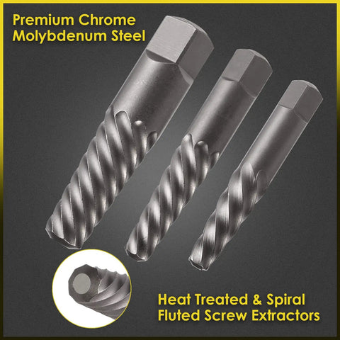 Close-up of 9 Piece Jumbo Spiral Flute Screw Extractor Set made from chrome molybdenum steel, showing square shank and spiral design.