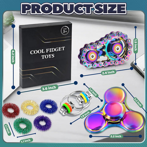 8 Piece Fidget Toy Set For Adults And Teens, Anxiety Stress Relief Spinner, Spiky Sensory Rings, Multicolor Desk Gift