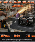 Rock Solid Lawn Mower Blade Sharpener Bench Grinder featuring 500 Watt Motor and 7 inch wheel sharpening a mower blade.