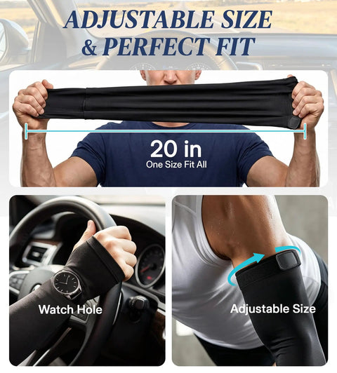 Keep Your Arms Shaded And Locked In With These Adjustable UV Sun Sleeves Featuring A Handy Watch Cutout Thumb Loop And Anti Roll Closure For Effortless Cooling On Every Road Journey, showing adjustable size and watch hole.