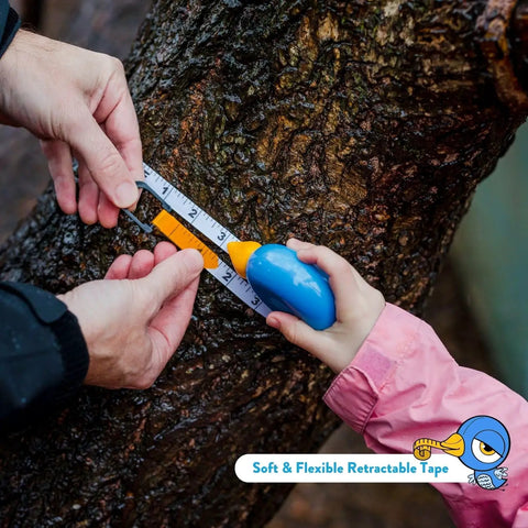 Child using Kid Friendly 8 Foot Tape Measure With Blue Bird Design STEM Educational Tool Featuring Level And Protractor