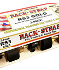 Two Pack Ladder Rack Tie Downs With Round Mounting Brackets Bolt Kit Included 2 Inch Diameter Round Mounts Eight Foot Black Straps Built Tough American Made Rack Straps With Solid Steel Frame And Yellow Zinc Plating 500 Lb Working Load, packaging with two straps visible.