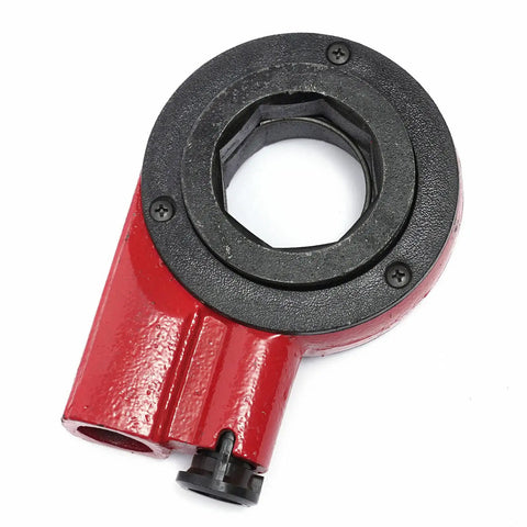 Close-up of the red and black die head from the Ratcheting Pipe Threader Kit For Standard Galvanized And PP-R Pipes, Portable Handheld Threader
