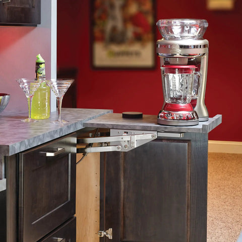 Hella Durable Heavy Duty Stand Mixer Lift For Kitchen Base Cabinets With Smooth Chrome Steel Slide Out Tray organizing a blender on pull out tray.