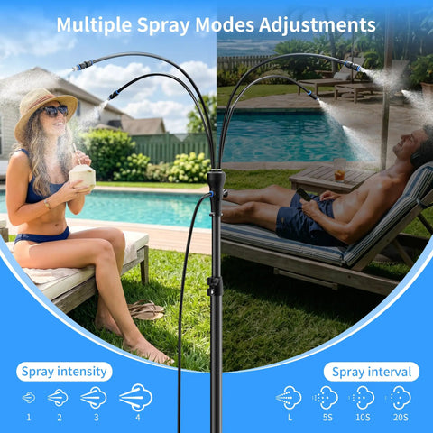 Outdoor Patio Mister System With Four-Gallon Water Bucket And Pump, Eight Spray Modes, shown beside poolside lounge
